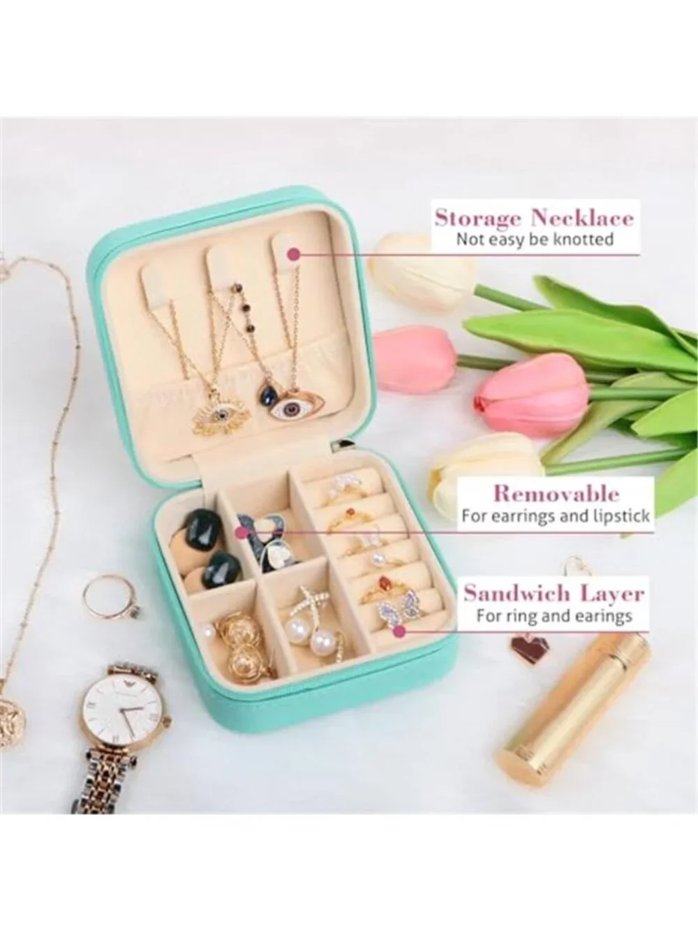 Pink Travel Jewelry Box Organizer Case Ring Necklace Earring Storage Mini Case